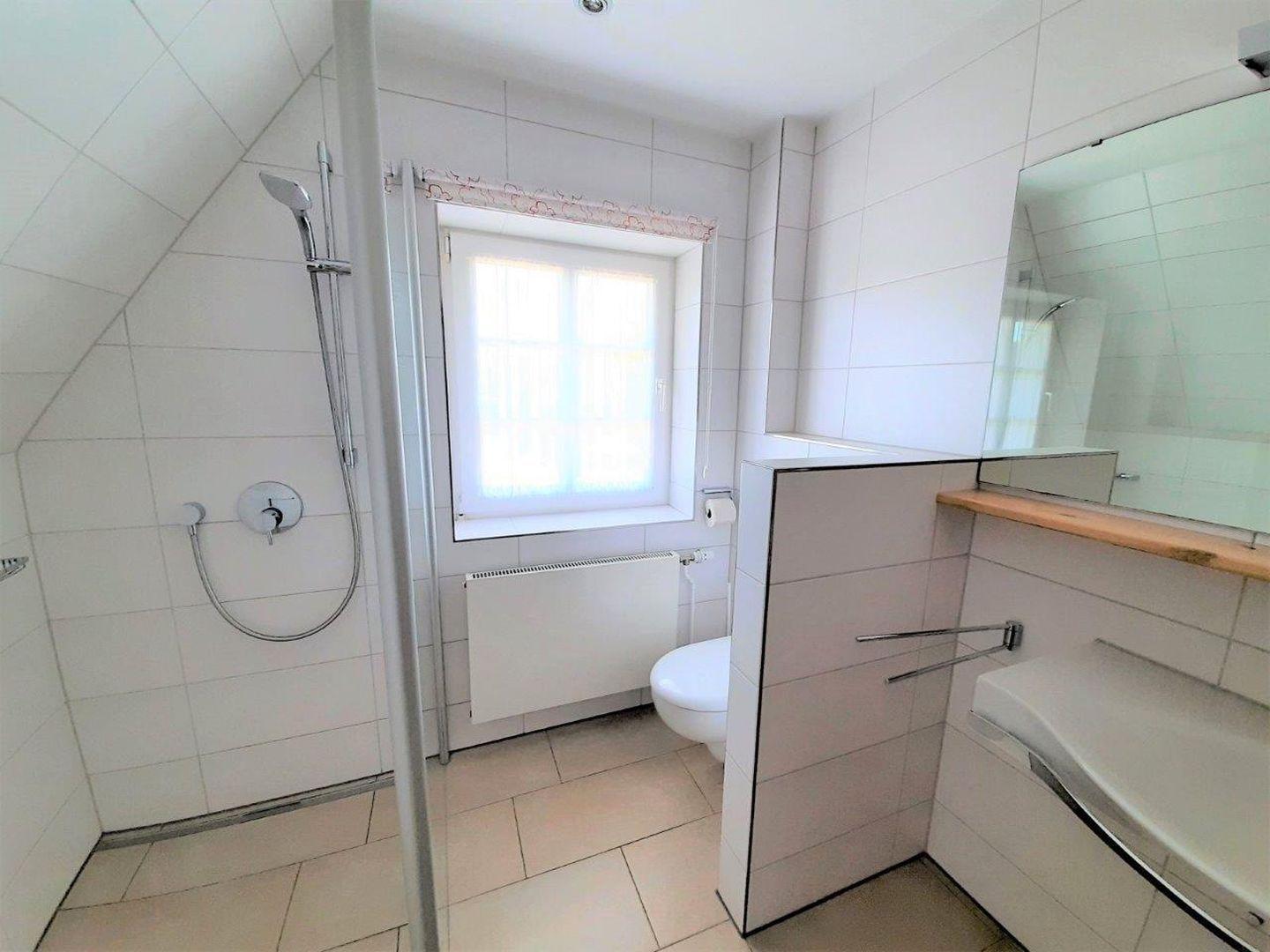 Badezimmer mit Dusche, Toilette und Waschbecken. Fenster und Spiegel sichtbar.