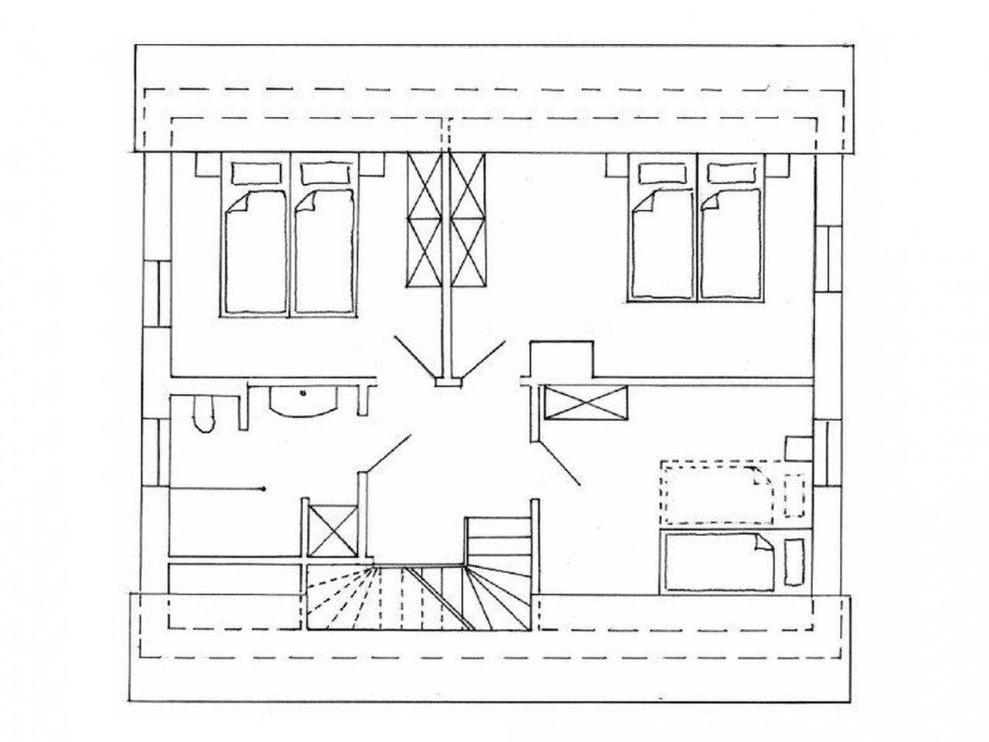 Zweistöckige Wohnung mit zwei Schlafzimmern, Bad und Treppe.