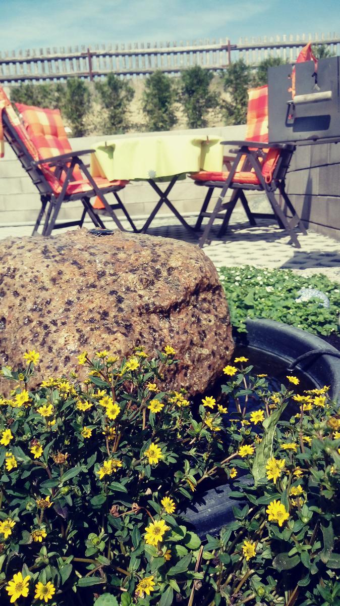 Terrasse mit Garten, Sitzgelegenheiten und Grillplatz.