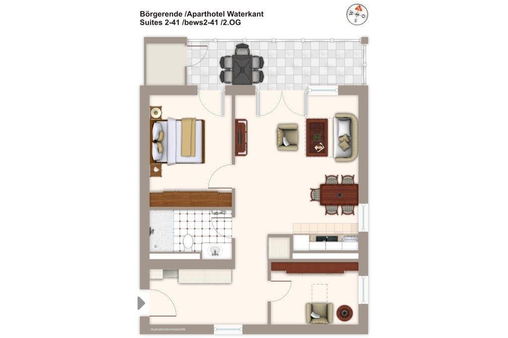 Zweizimmer-Apartment mit Küche, Bad und Wohnbereich. Aufzug und Balkon vorhanden.