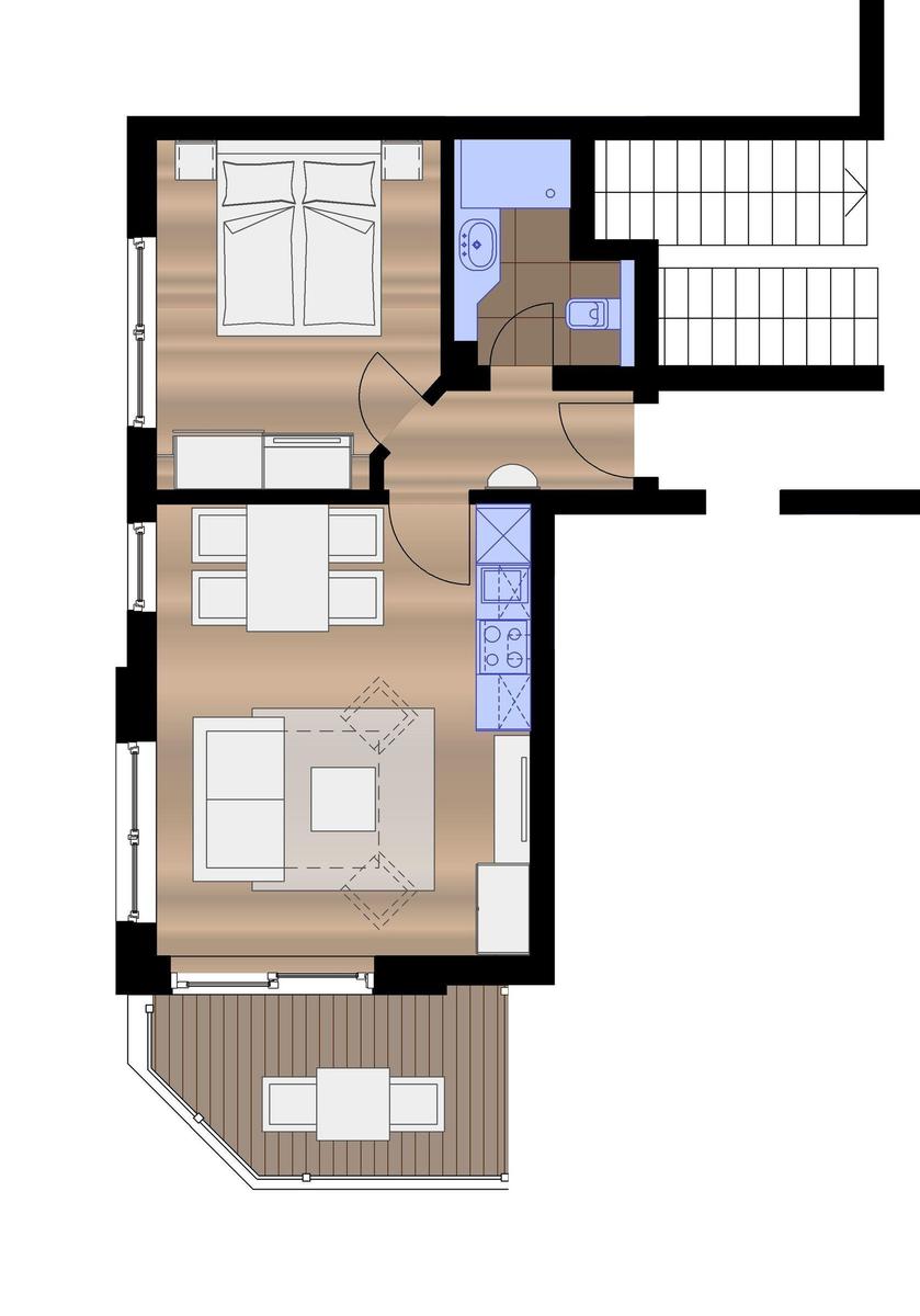 Ein Zimmer mit Schlafplatz, Küche und Bad. Außenterrasse mit Tisch und Stühlen.
