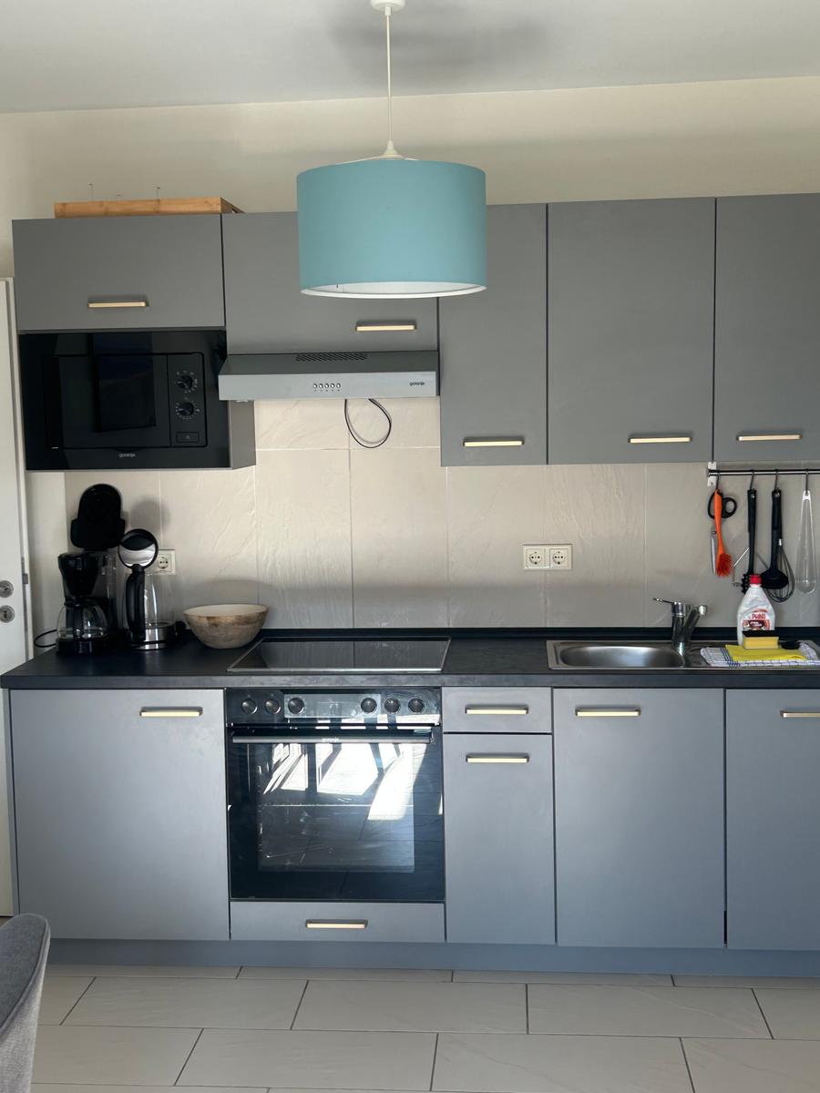 Moderne Küche mit grauen Schränken, Edelstahlspüle und integriertem Ofen.