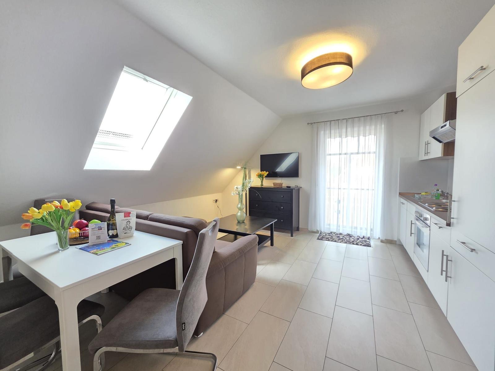 Living kitchen with bedroom, skylight, and TV. Modern furnishings.
