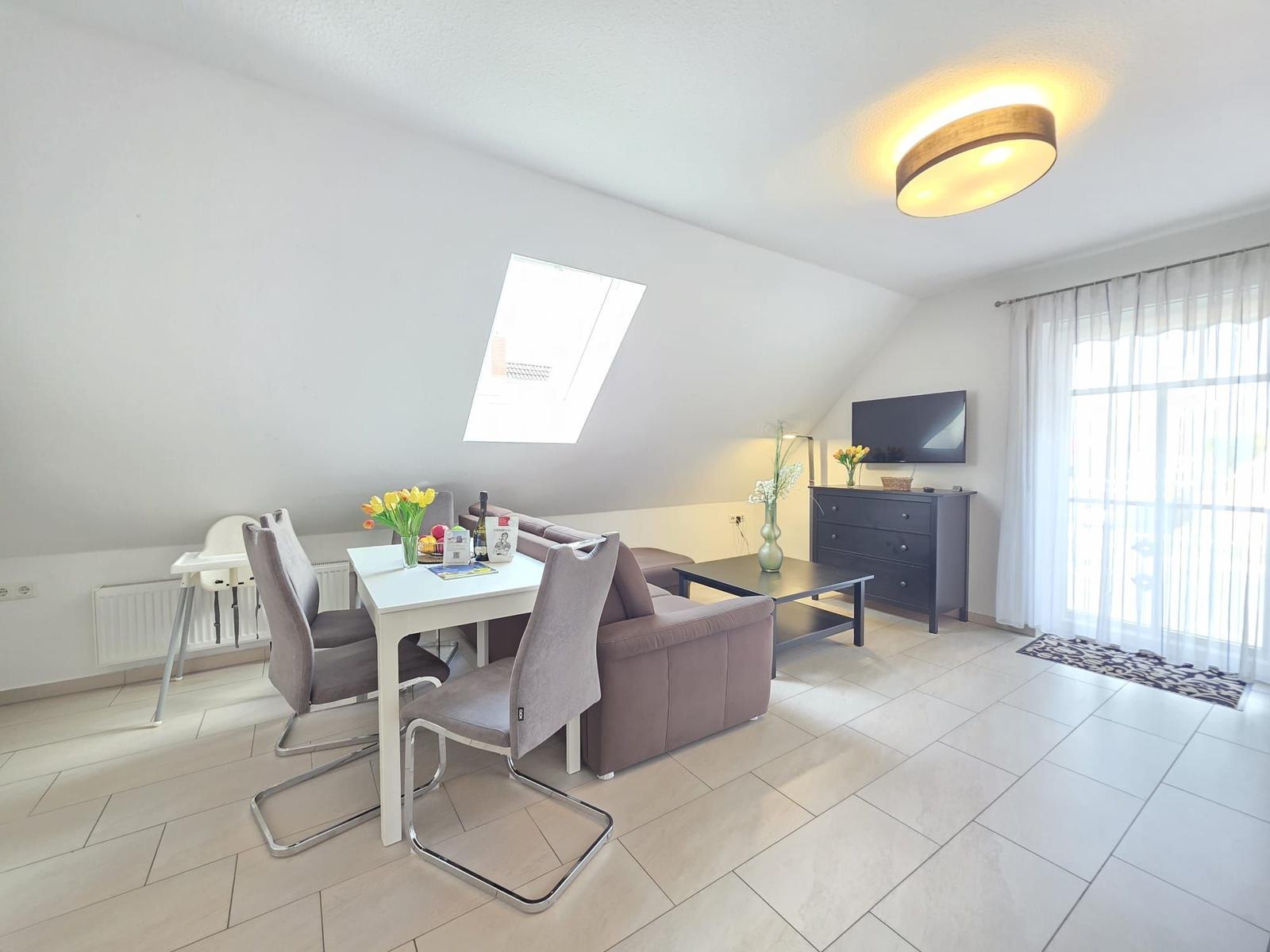 Living and dining area with seating, dining table, TV, and skylight.