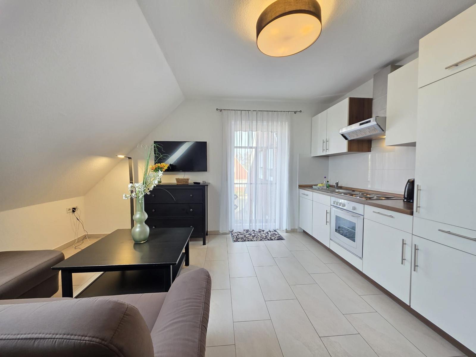 Living kitchen with sleeping area, TV, and balcony access.