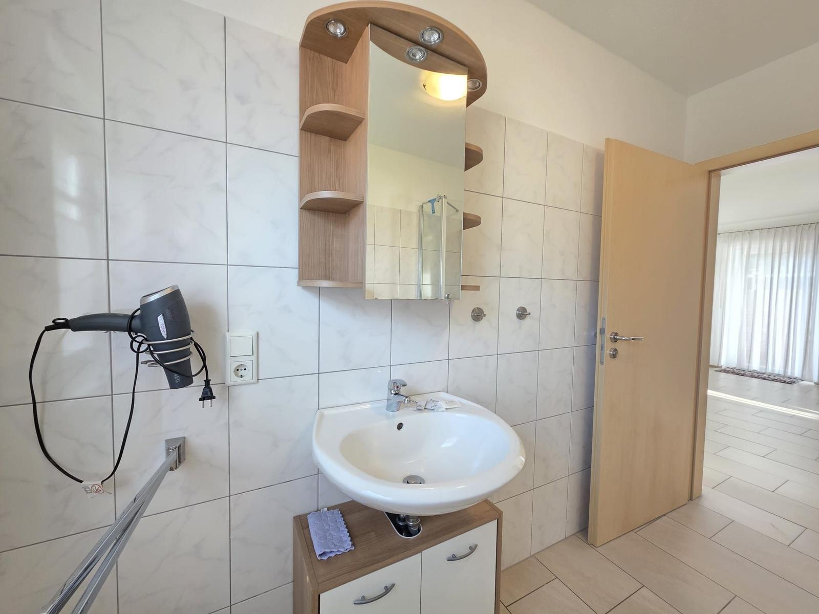 Bathroom with sink, mirror cabinet, and towel holder.