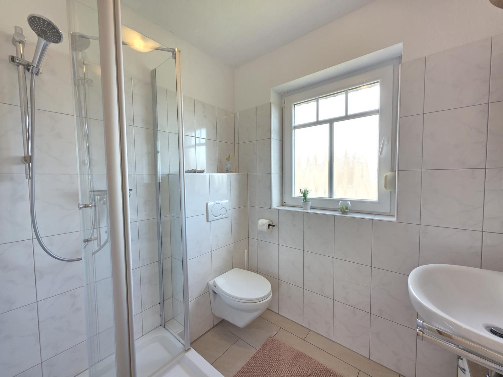 Bathroom with shower, toilet, and sink. Window with plants.