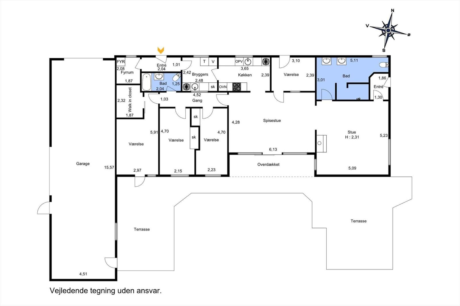 Functional floor plan with kitchen, bedrooms, and terrace.