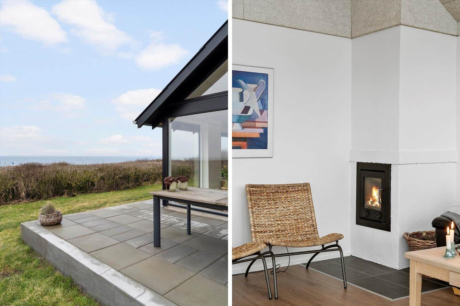 Terrasse mit Meerblick und Innenraum mit Kamin und Stuhl.
