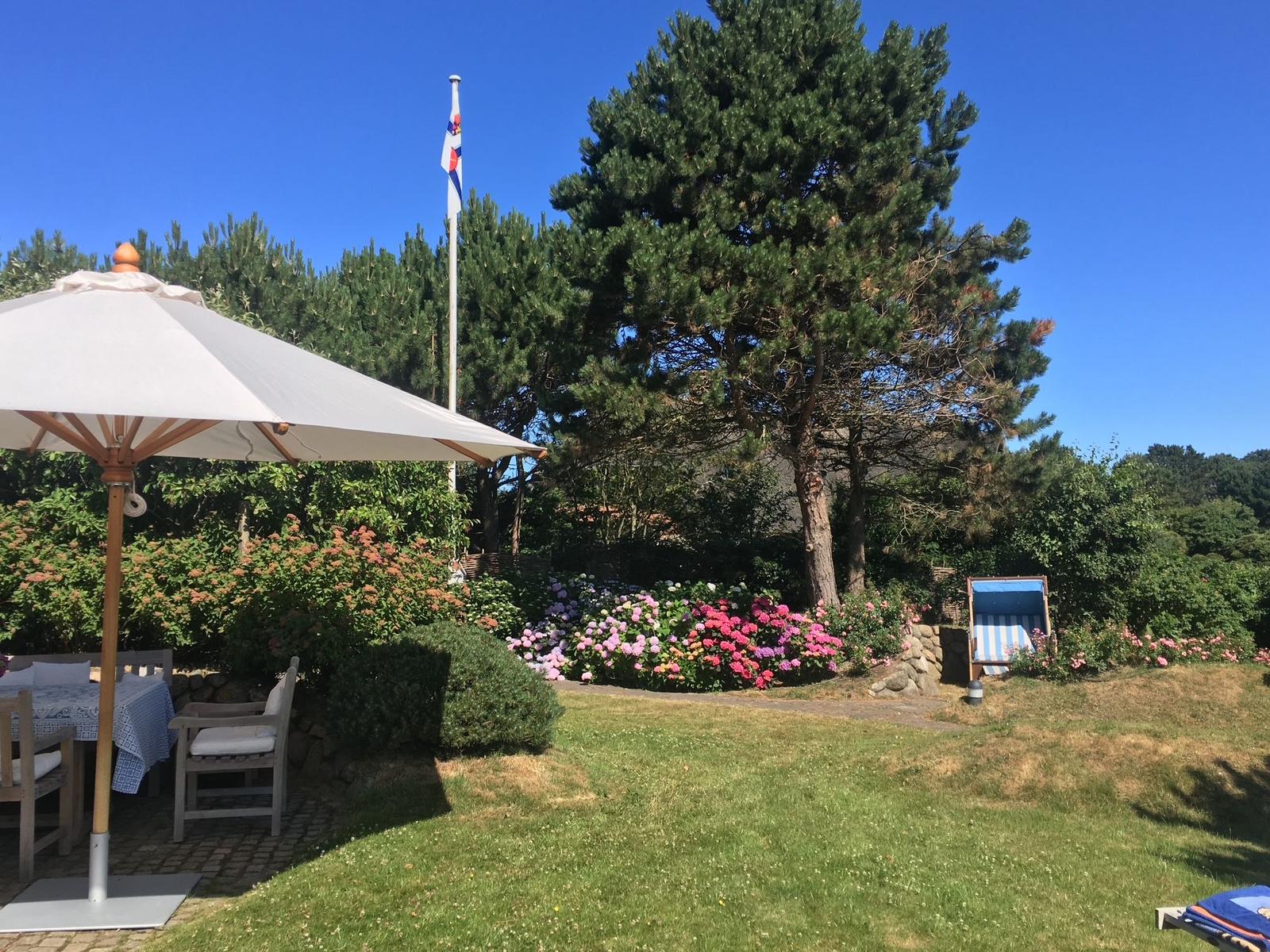 Garten mit Sonnenschirm, Blumenbeete und Liegestühlen unter blauem Himmel.