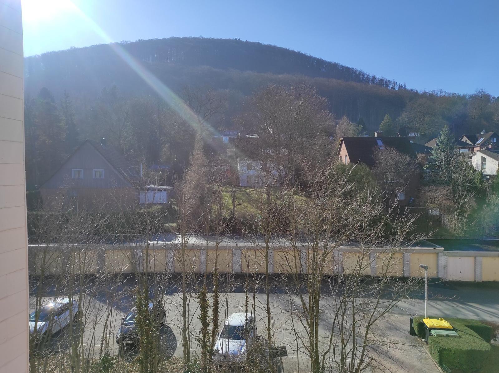 Blick auf Wald und Häuser mit Parkplatz und Bäumen
