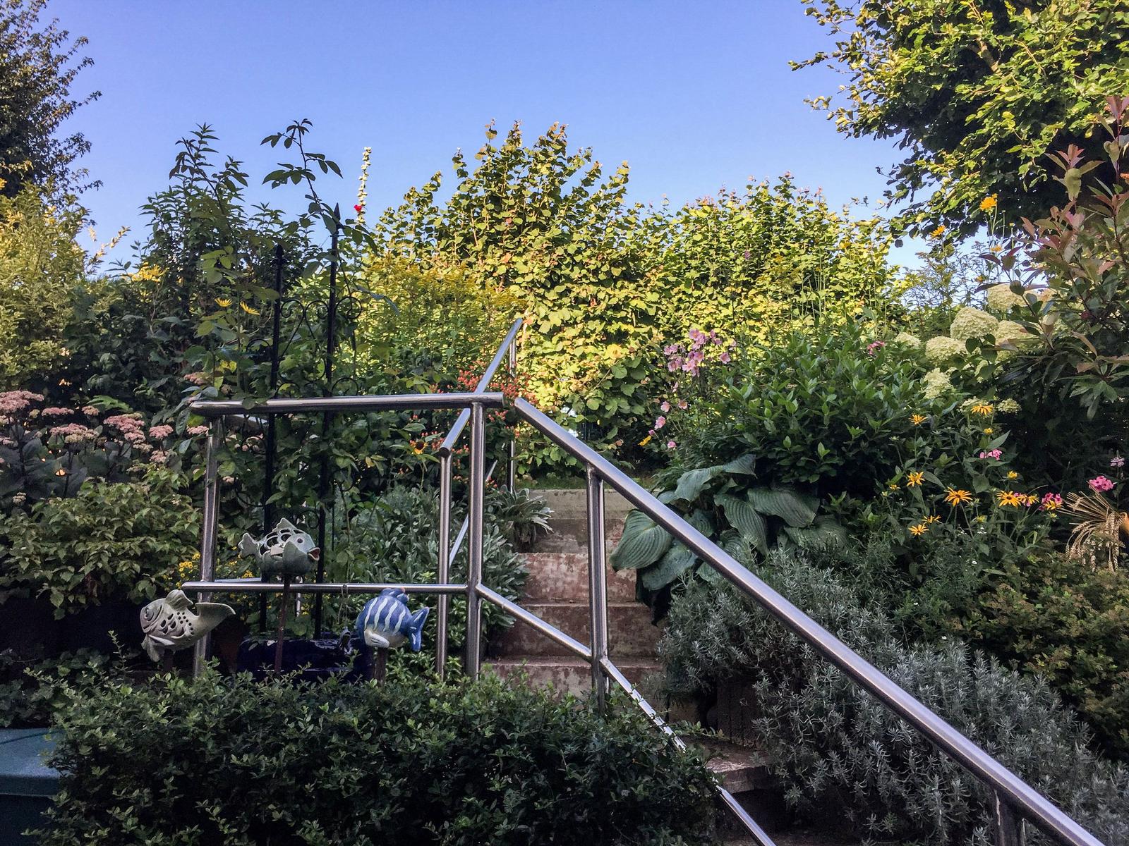 Treppe mit Metallgeländer führt durch einen blumigen Garten mit verschiedenen Pflanzen und Blumen.