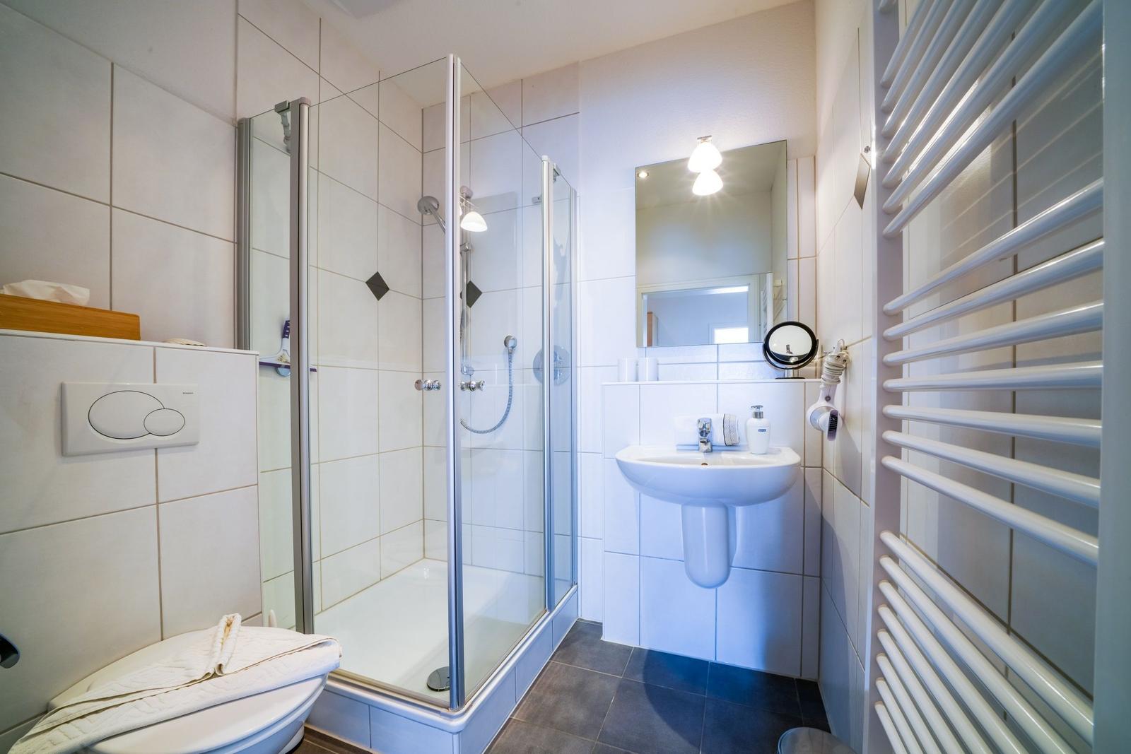 Badezimmer mit Dusche, Waschbecken und Heizkörper