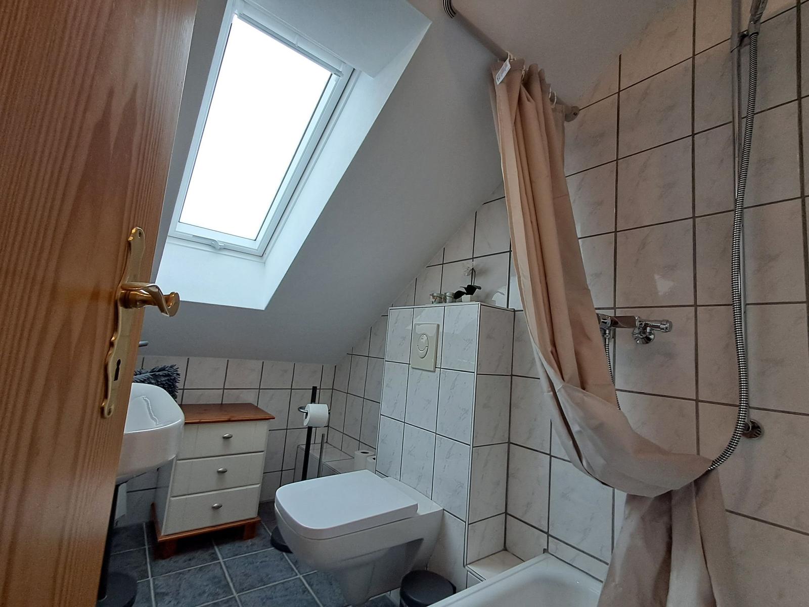 Badezimmer mit Dusche, Toilette und Waschbecken unter Dachschrägen.