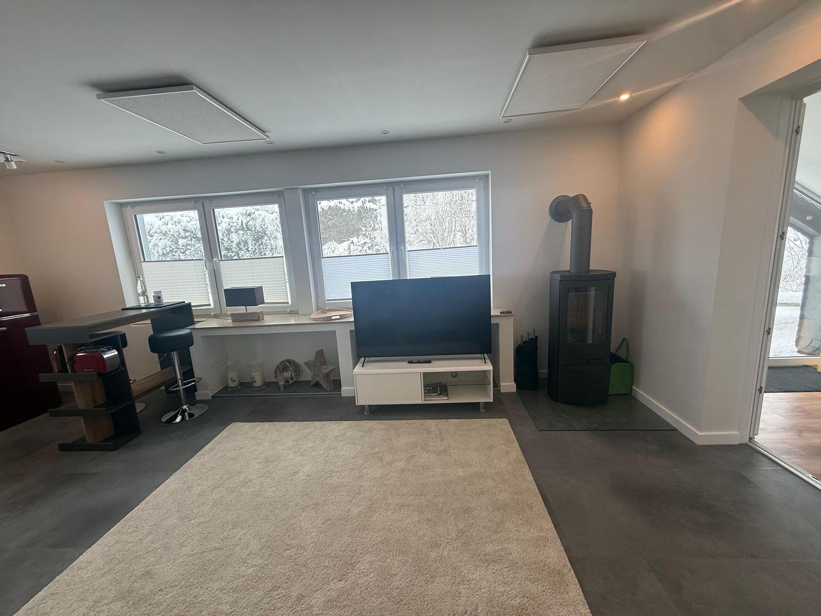Wohnzimmer mit TV, Kaminofen und Fenster zur Aussicht.