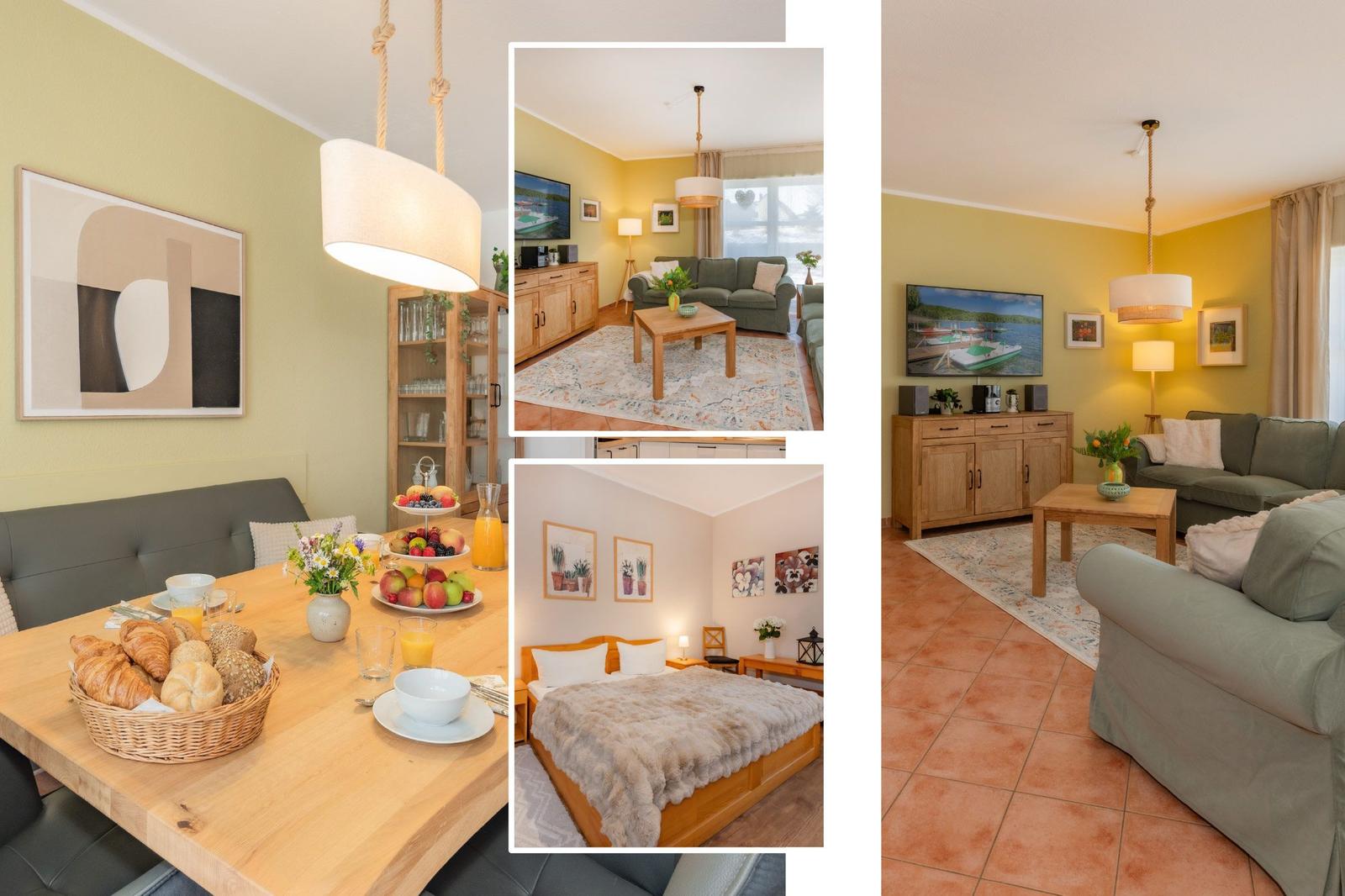 Wohnung mit Essbereich, Schlafzimmer und Wohnzimmer mit Sofa und Fernseher.