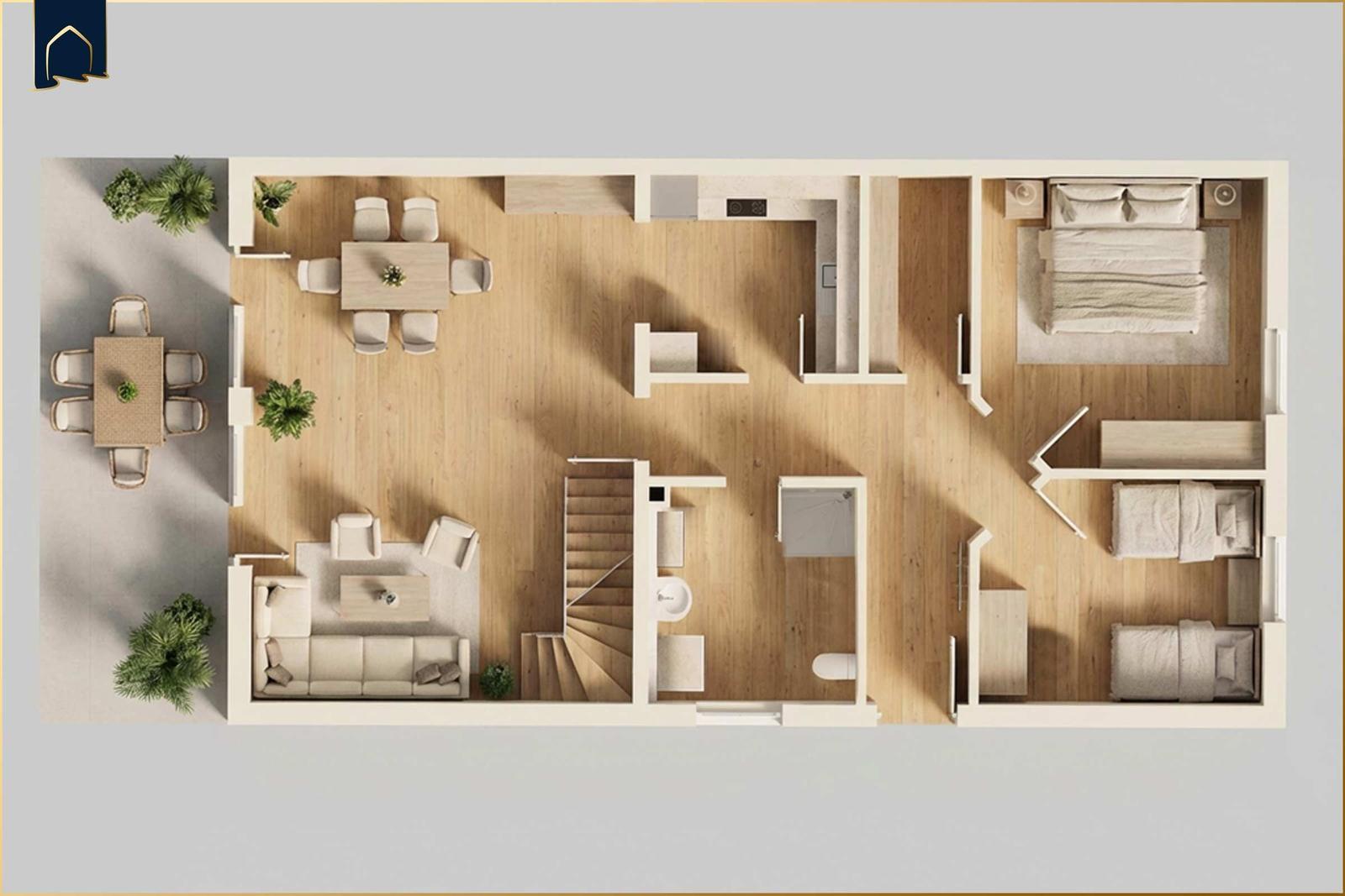 Drei Schlafzimmer, Wohn- und Essbereich mit Treppe und Küche.