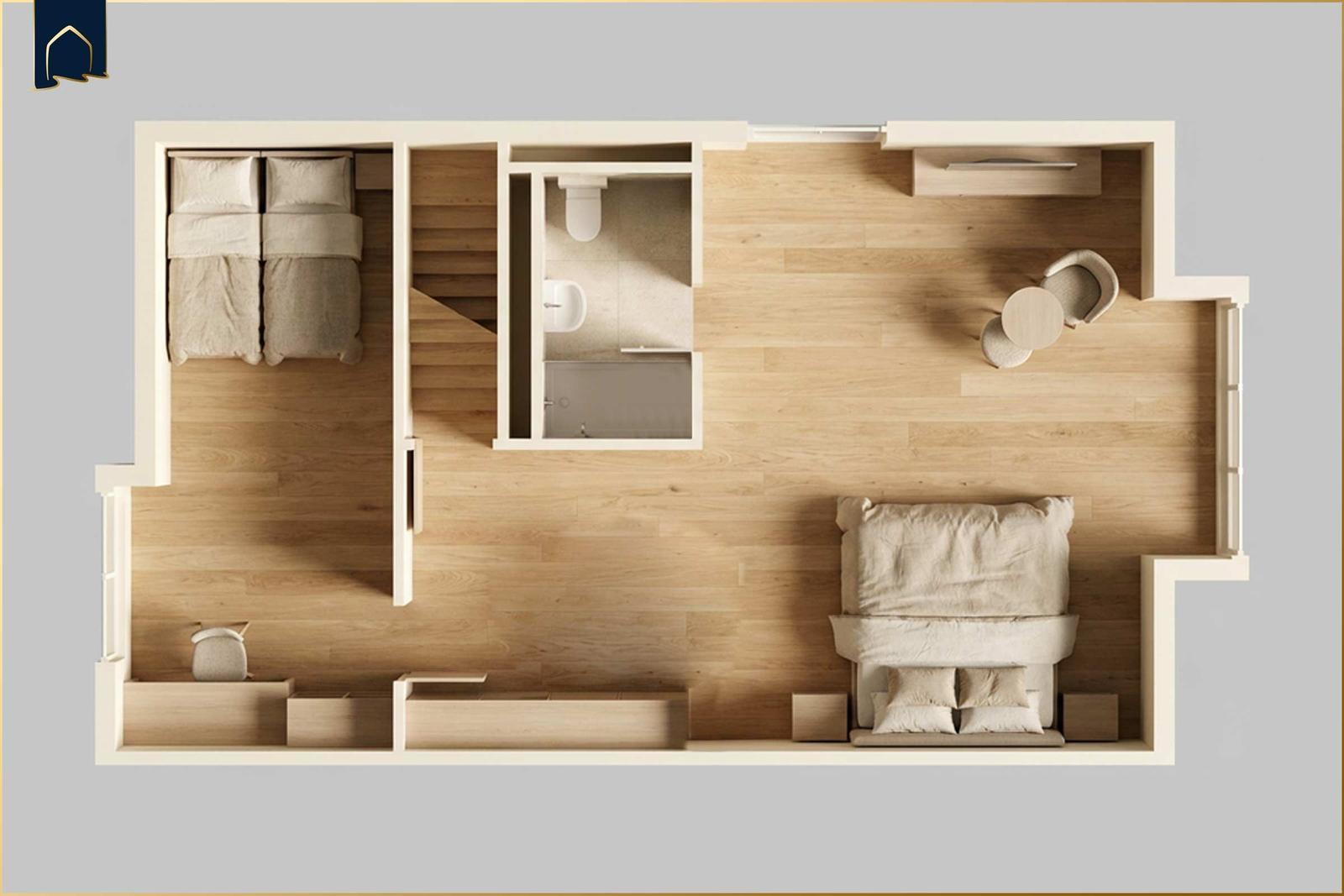 Zwei Schlafzimmer, Bad und Wohnbereich mit Tisch und Stühlen.