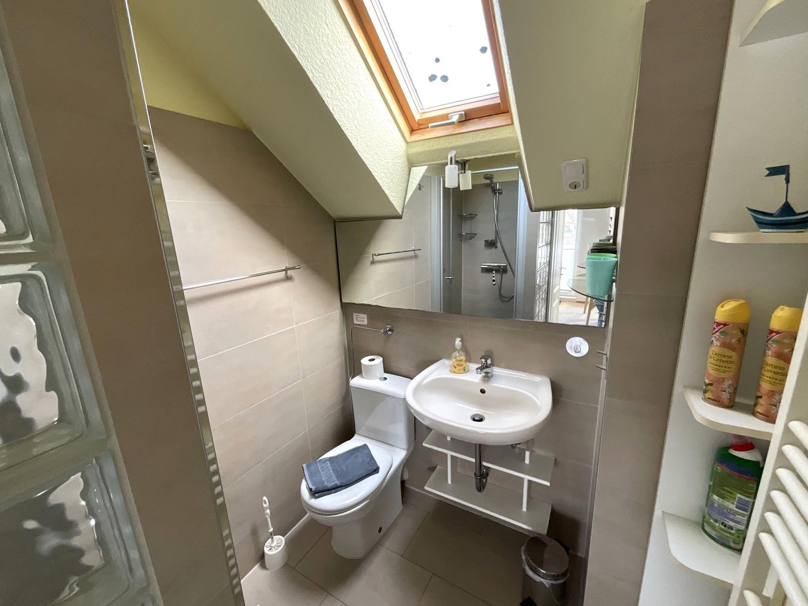 Badezimmer mit Dusche, Toilette und Waschbecken unter Dachschrägen.