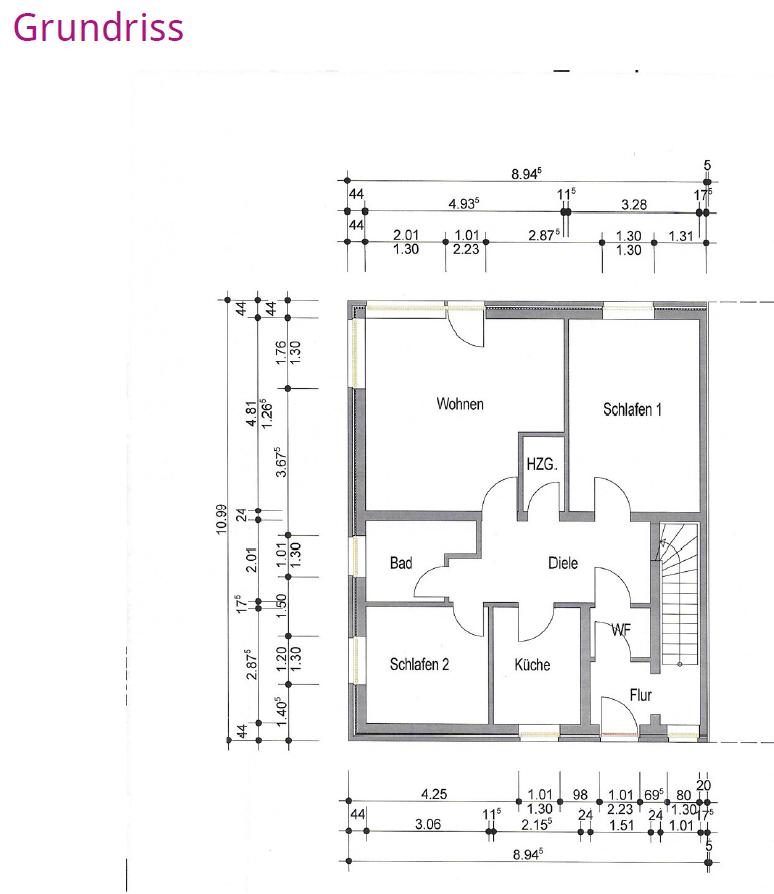 Grundriss zeigt Wohnen, Schlafzimmer, Küche und Bad mit Maßen.