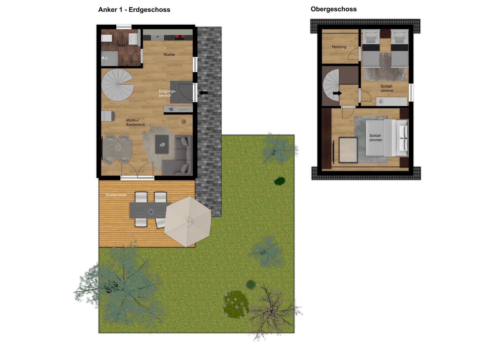 Erdgeschoss mit Küche, Wohnbereich und Terrasse. Obergeschoss mit Schlafzimmern und Heizung.
