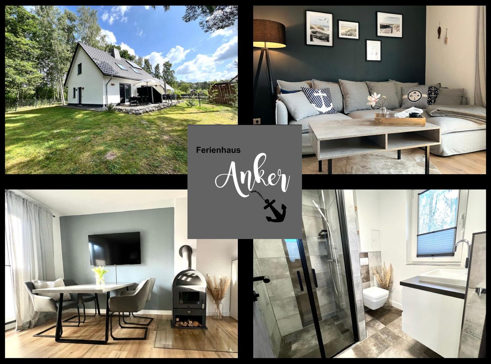 Ferienhaus Anker mit Wohnzimmer, Essbereich, Bad und Außenbereich.