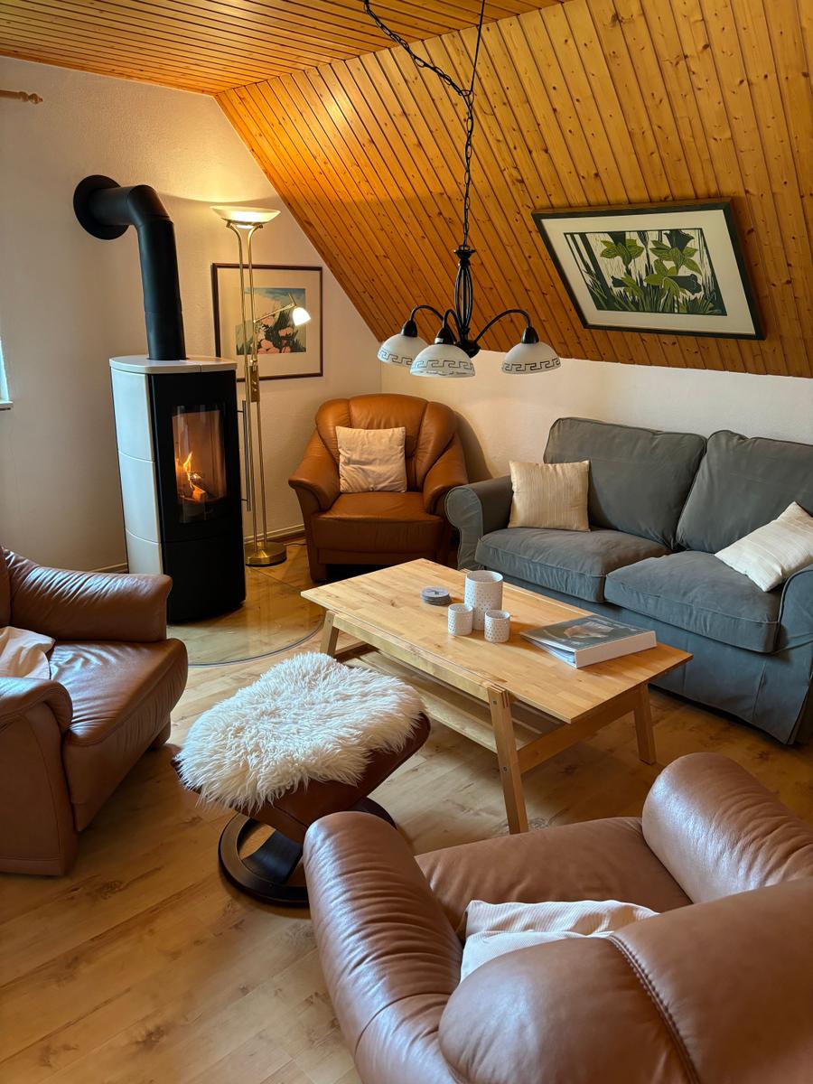 Das Wohnzimmer mit gemütlichem Holzofen