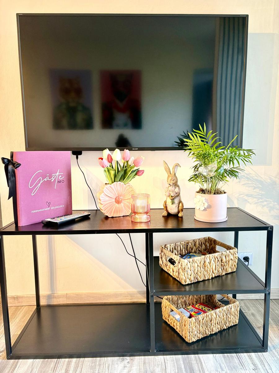 TV-Tisch mit Blumen, Pflanze und Gastinformation