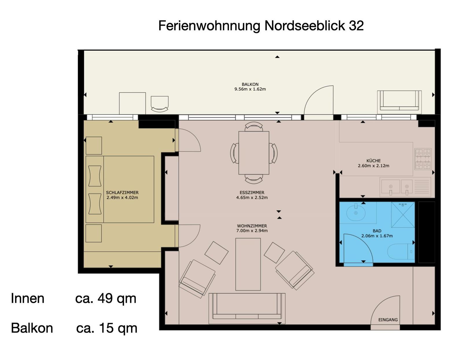 Ferienwohnung mit Schlafzimmer, Wohn- und Esszimmer, Küche, Bad und Balkon.