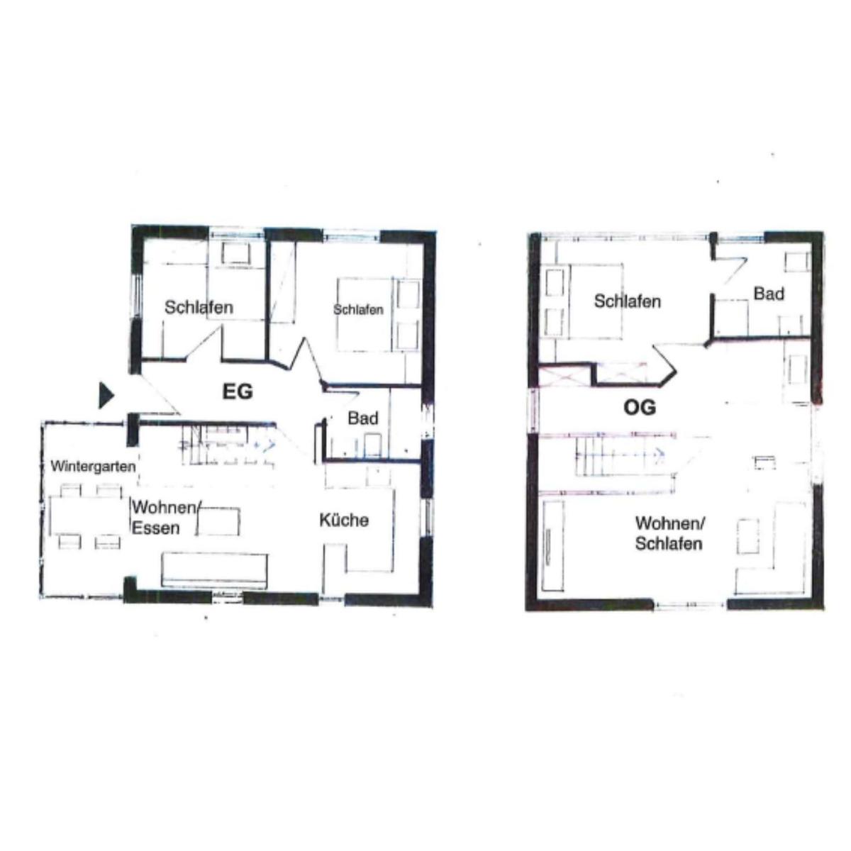 EG: Kitchen, bathroom, bedrooms, living/dining, winter garden. OG: Bedroom, bathroom, living/sleeping.