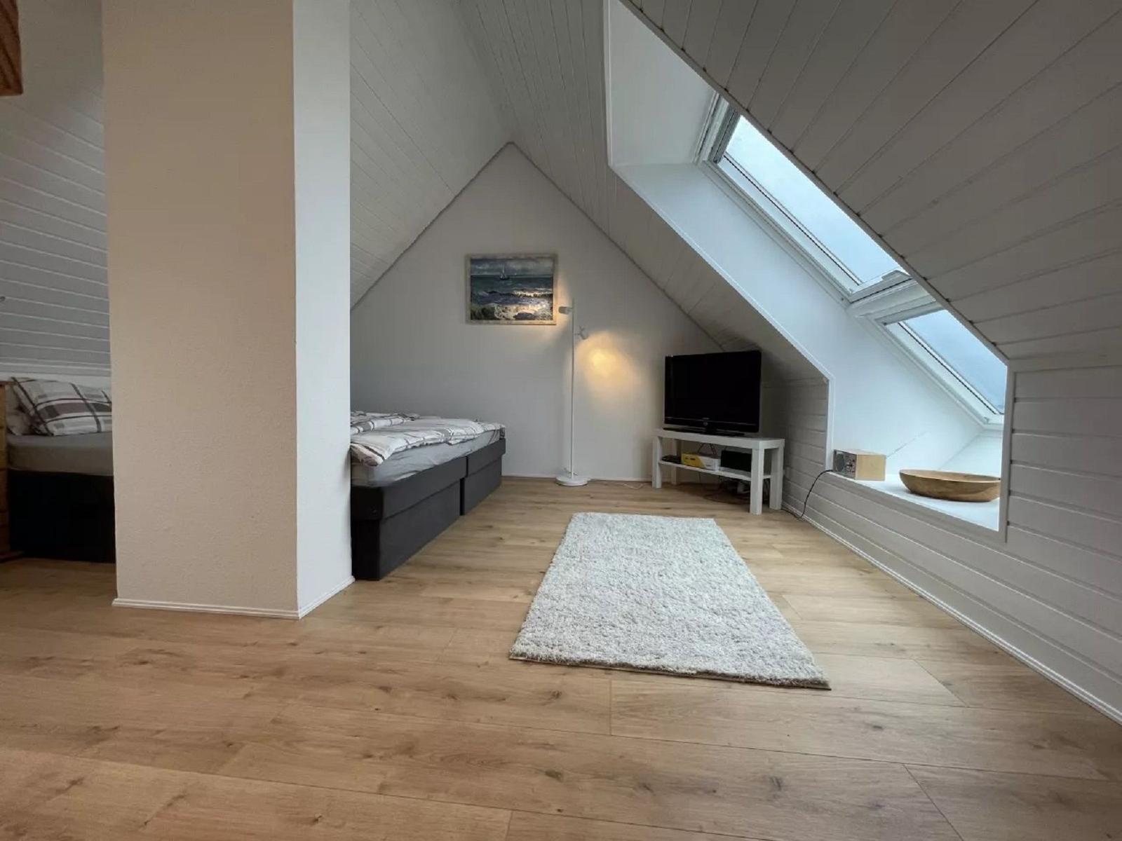Dachgeschosszimmer mit Schlafcouch, Fernseher und Dachfenster.