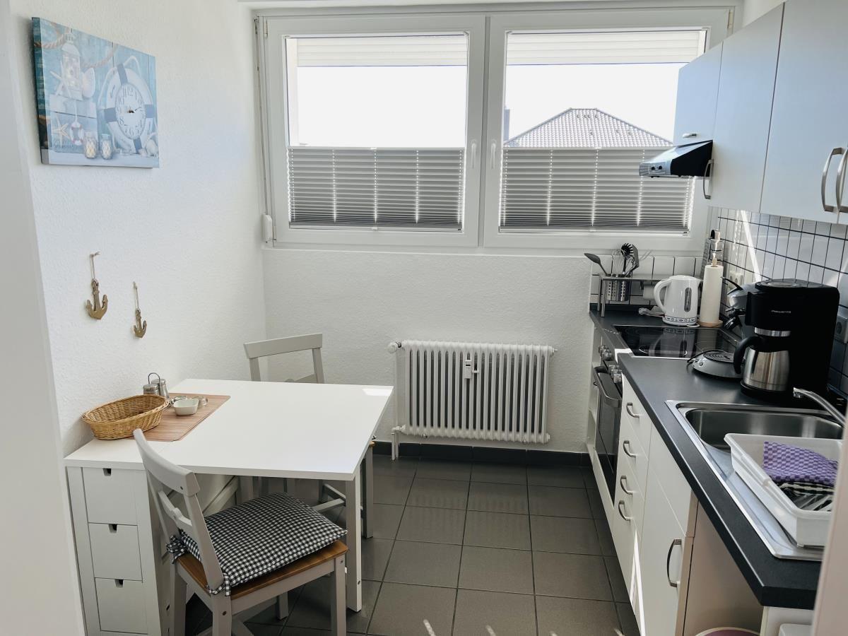 Kitchen with dining table, windows, and kitchen appliances.