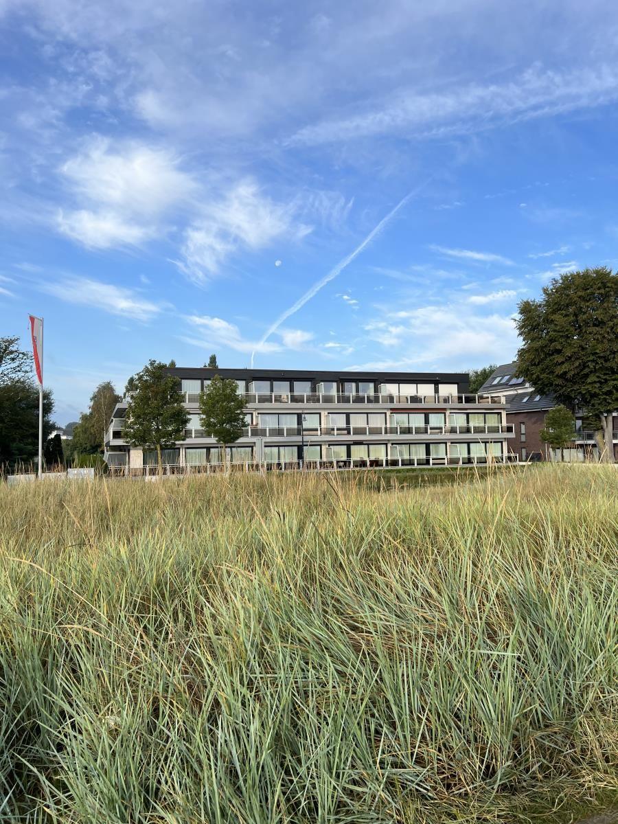 Moderne mehrstöckige Villa mit Balkonen und Glasfassade. Vordergrund: hohes Gras und Bäume.