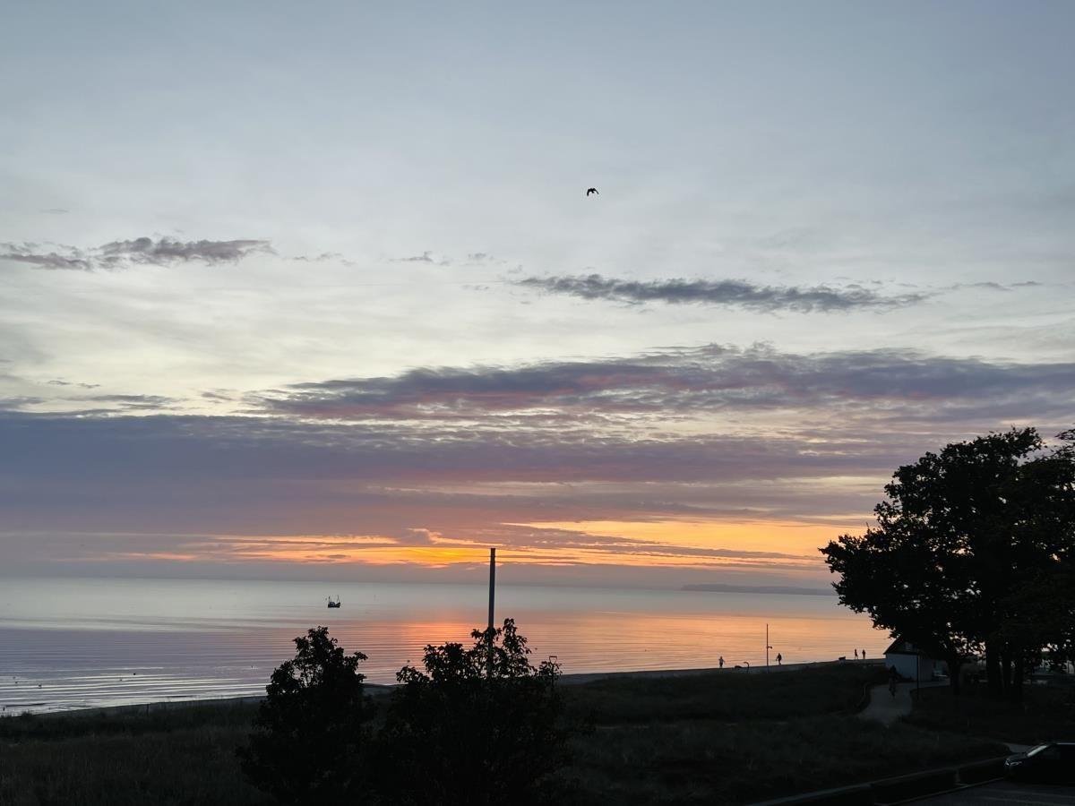Sonnenuntergang über dem Meer mit Boot und Bäumen