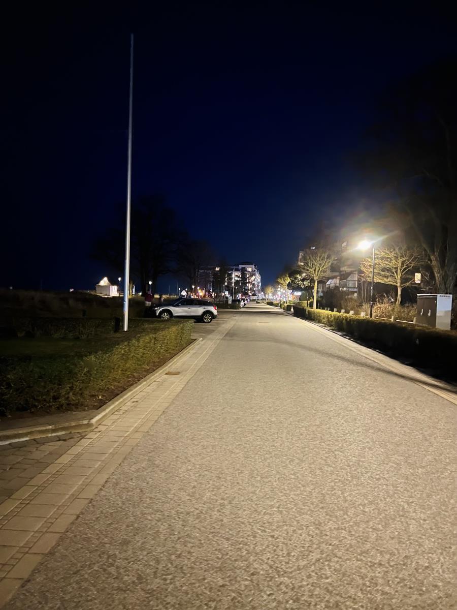 Nachtansicht einer Straße mit Beleuchtung, Bäumen und geparkten Autos.