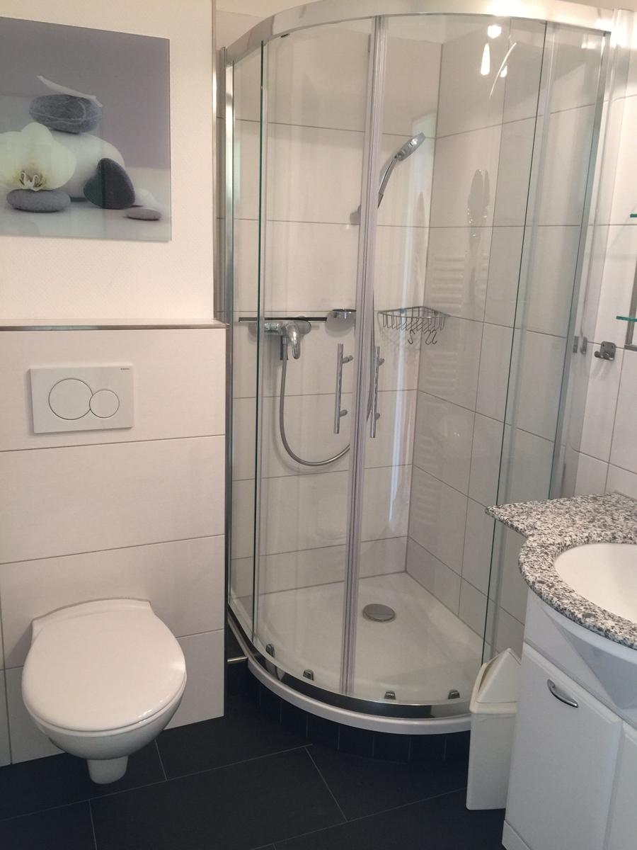 Badezimmer mit Duschkabine, Waschbecken und Toilette.