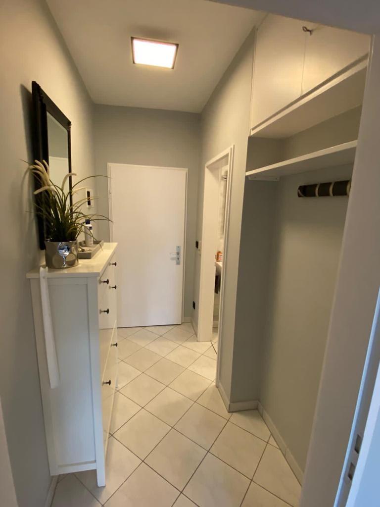 Hallway with closet, mirror cabinet, and plant on sideboard.