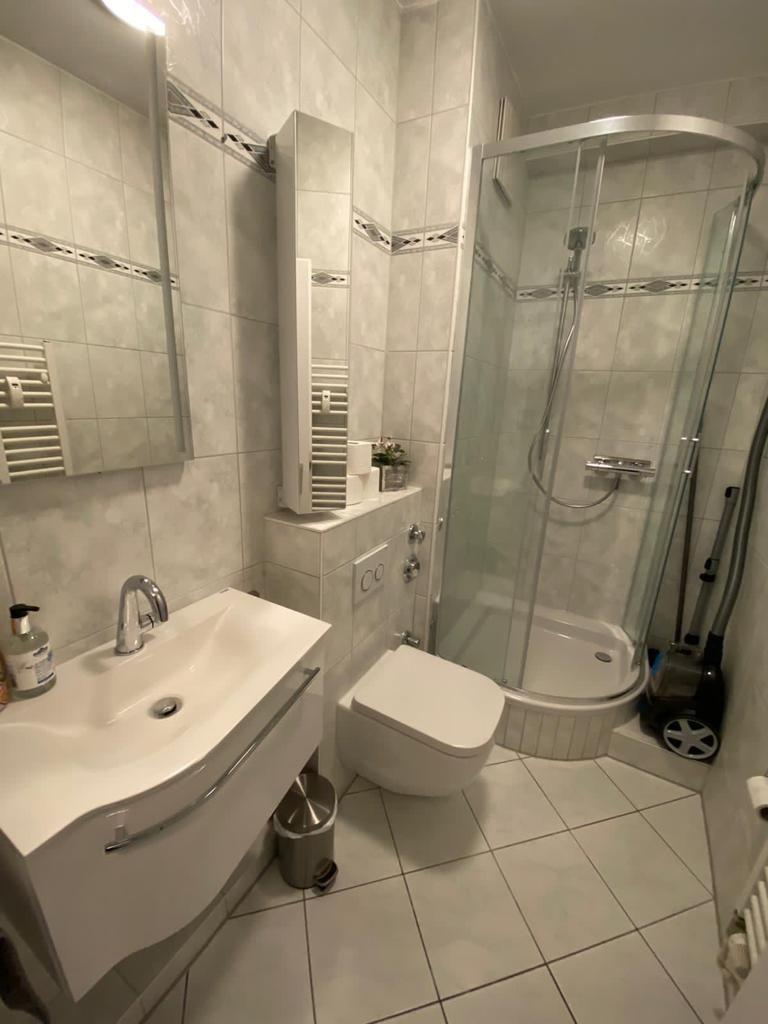Bathroom with shower, sink and toilet.