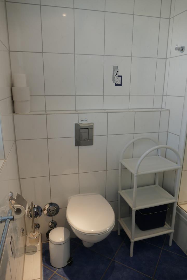 Badezimmer mit Toilette, Regal und Toilettenpapier