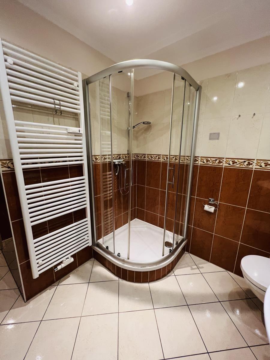 Bad mit Duschkabine, Heizung und Toilette