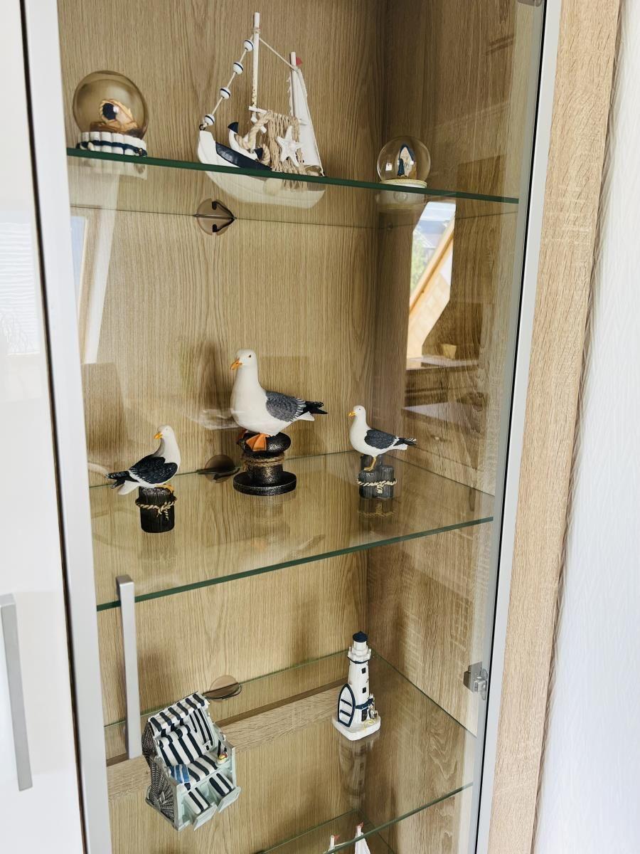 Glass display case with sailboat, seagull, and lighthouse models.
