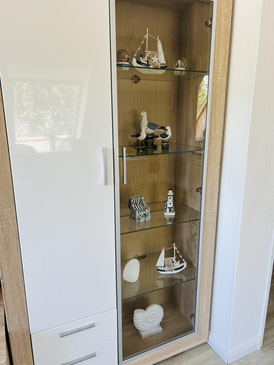 Display cabinet with model ships, seagulls, and lighthouse models