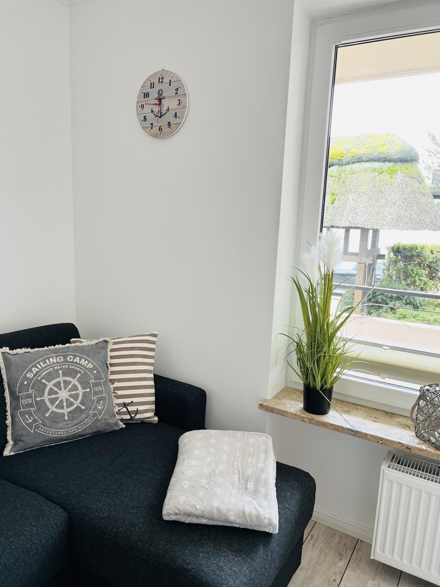 Black seating area with cushions, wall clock, and plant by window.