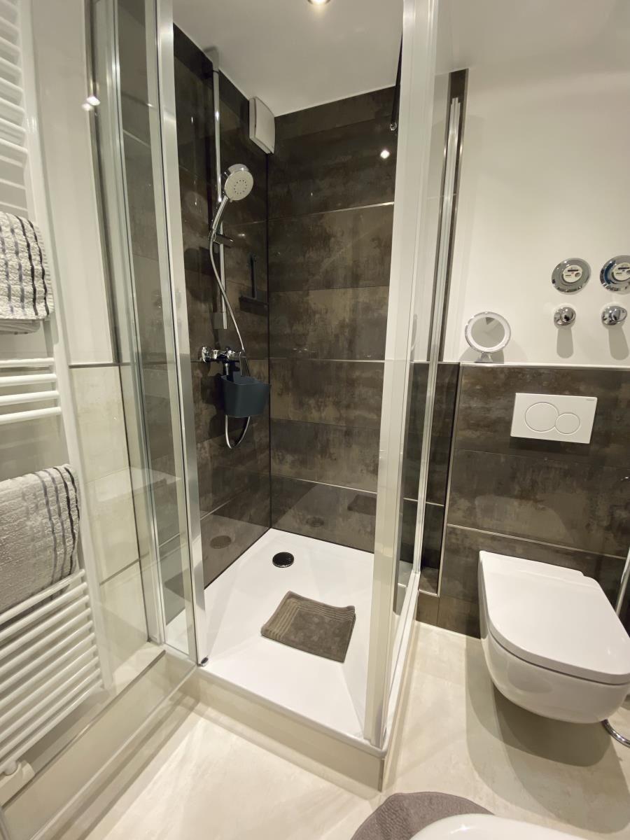 Dusche mit Glaswand, Toilette und Handtuchheizung in moderner Badezimmerausstattung.
