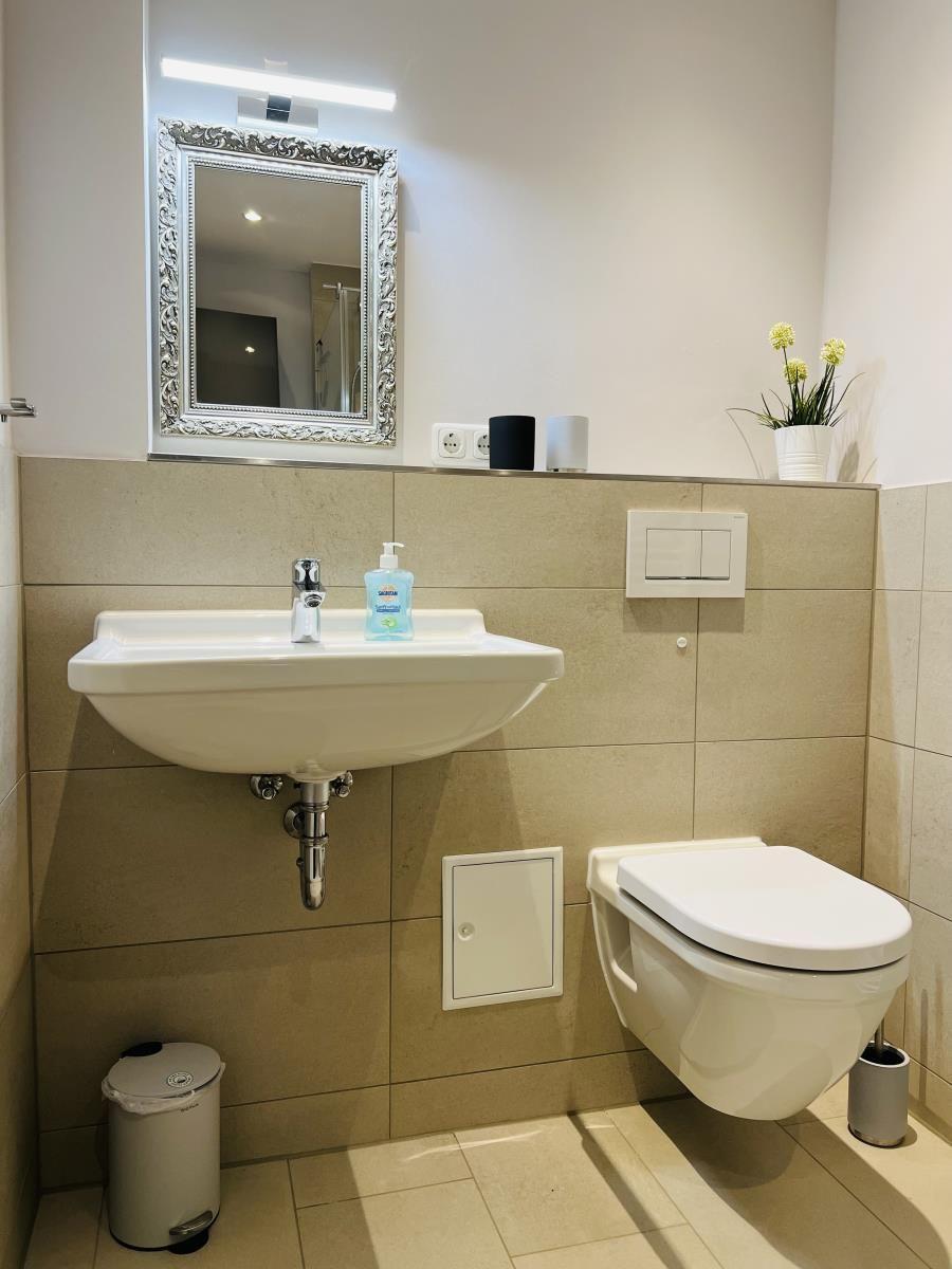 Bad mit Waschbecken, Spiegel, Toilette und Pflanze.