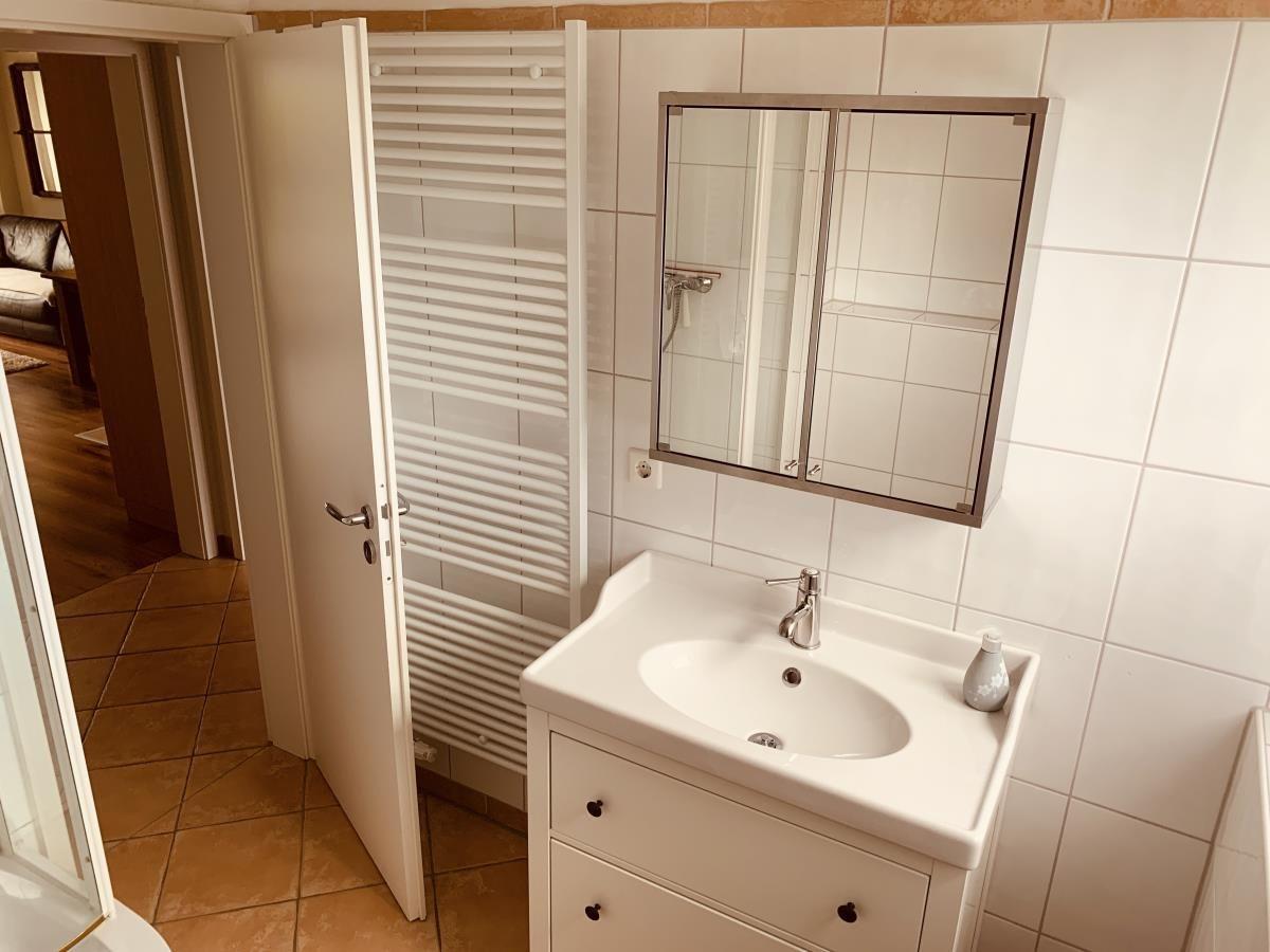 Bathroom with sink, mirror cabinet, and heater.