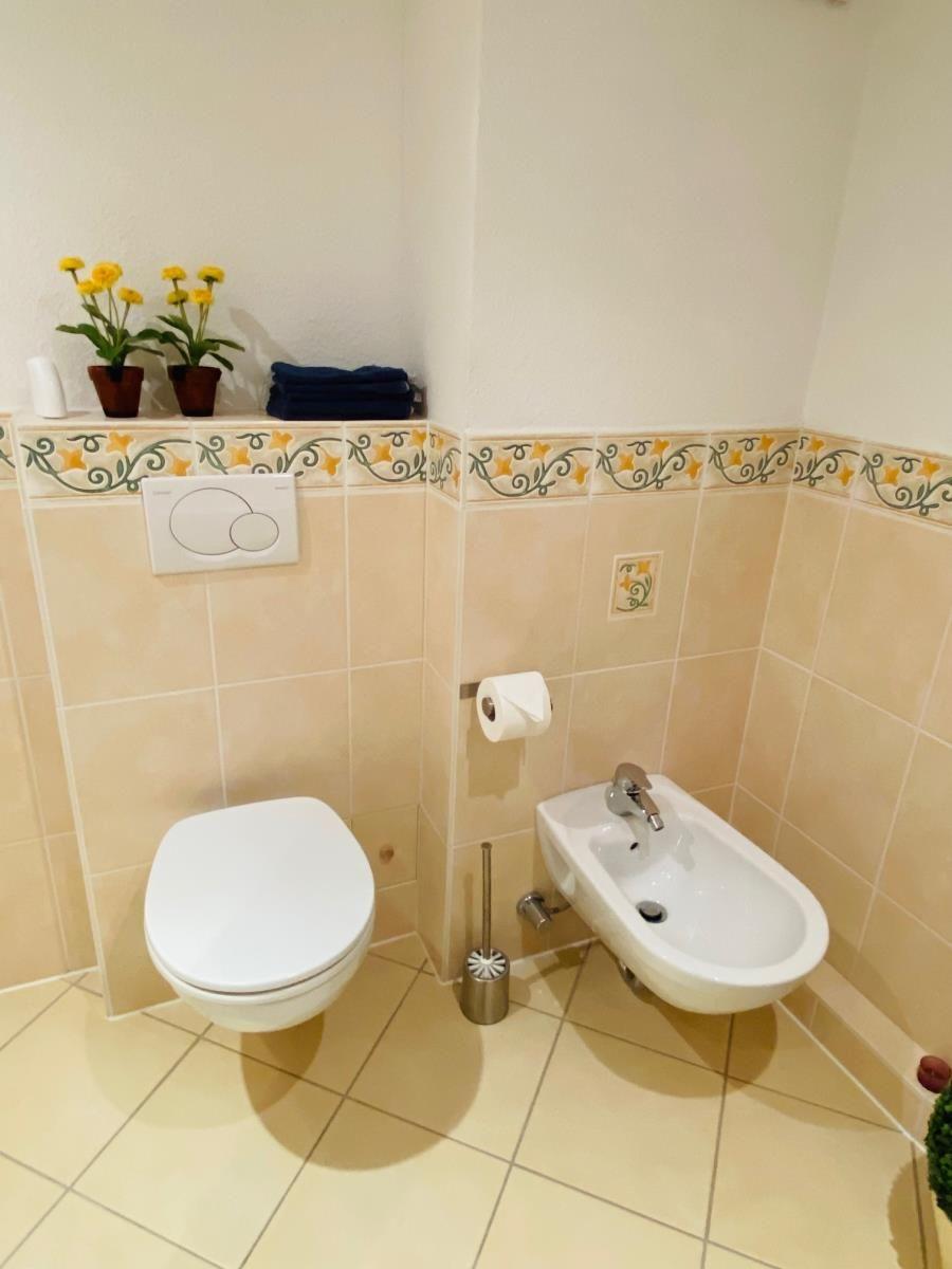 Bad mit Toilette, Bidet und dekorativen Fliesen