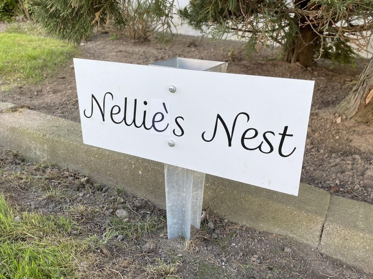 Schild mit der Aufschrift Nellies Nest im Garten