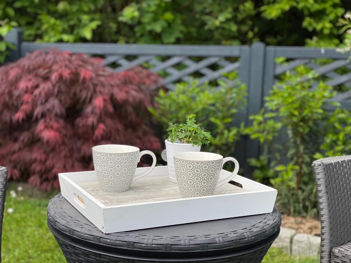 Auf einem Tisch stehen zwei Tassen und eine Pflanze im Garten.