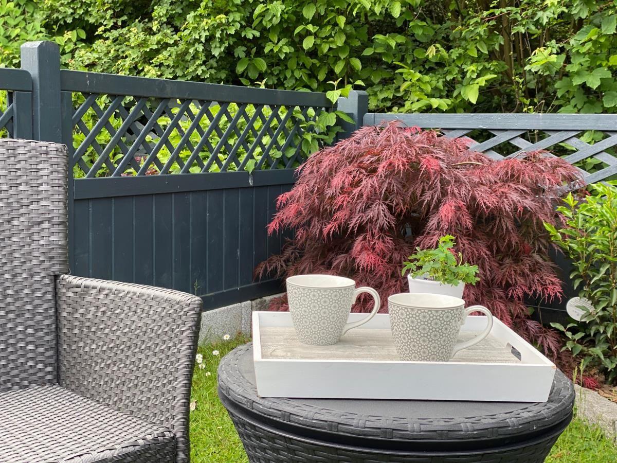 Gartenbereich mit Stuhl, Tisch und zwei Tassen auf einem Tablett.